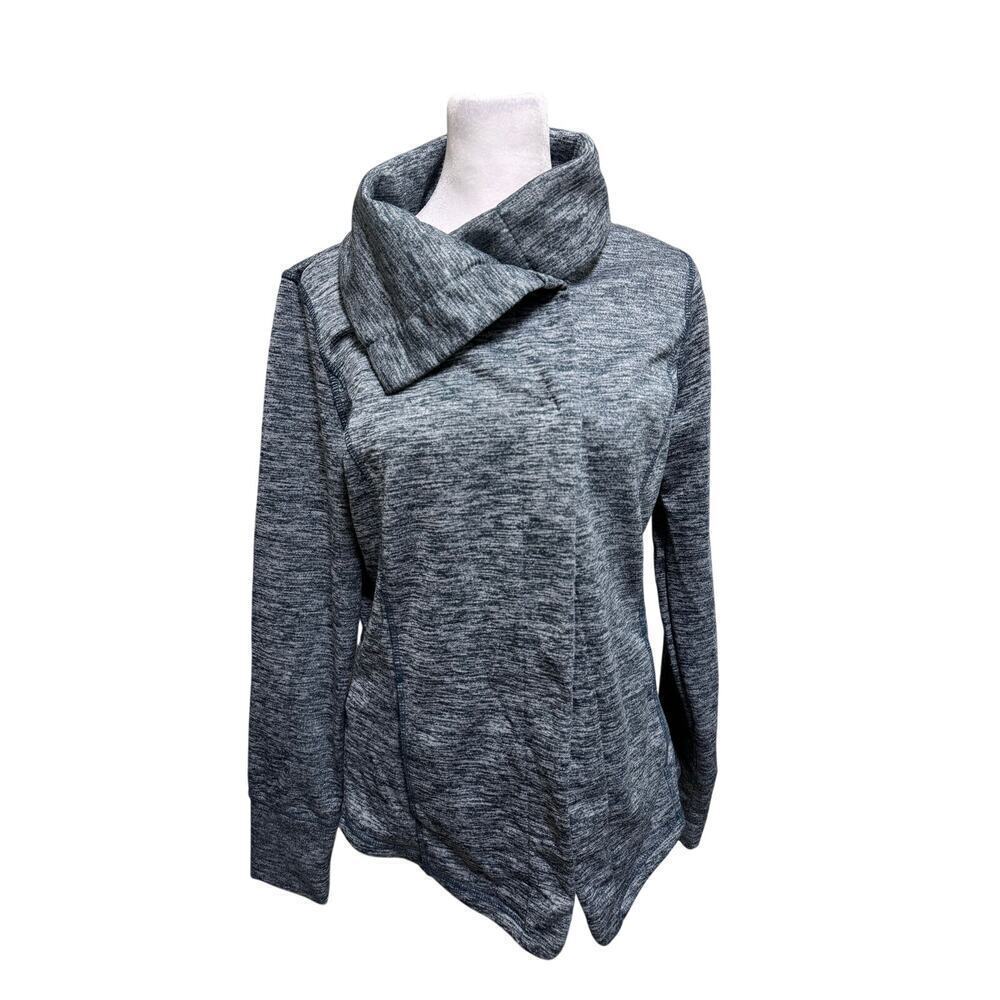 Eddie Bauer Cowl Neck Asymmetrical Jacket Size Medium Blue Knit Snap Up Pockets